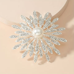 Double Layer Flower Brooch Pin Faux Pearls Ladies Accessory