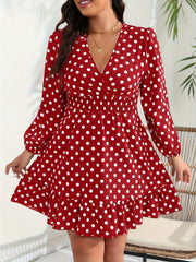 Dot Print Lantern Sleeve Smock Dress