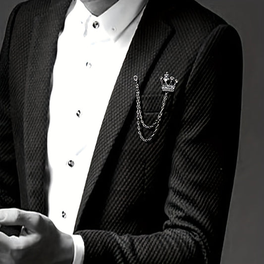 Men's Crystal Crown Tassel Brooch Pin Chain