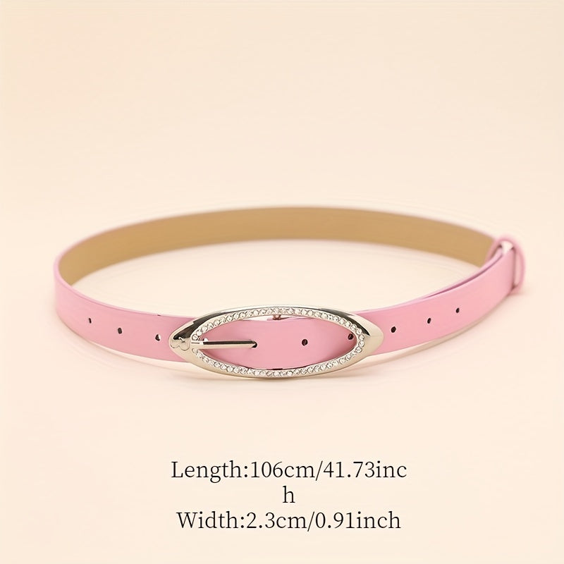 Pink Y2K Thin Belt Rhinestone Oval Pin Buckle PU Leather Waistband