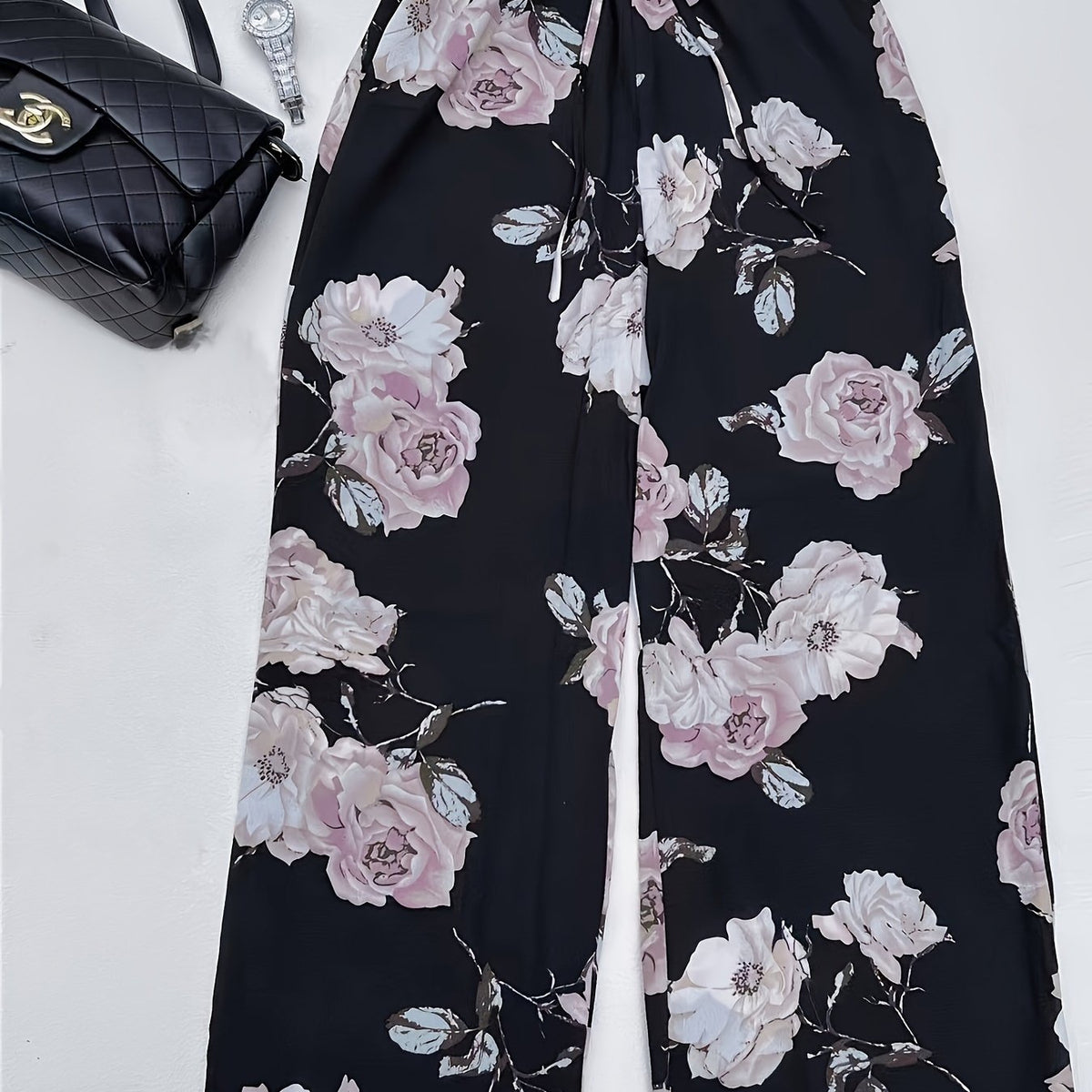 Women's Plus Floral Print Drawstring High Rise Wide Leg Pants