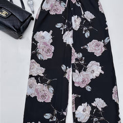 Women's Plus Floral Print Drawstring High Rise Wide Leg Pants