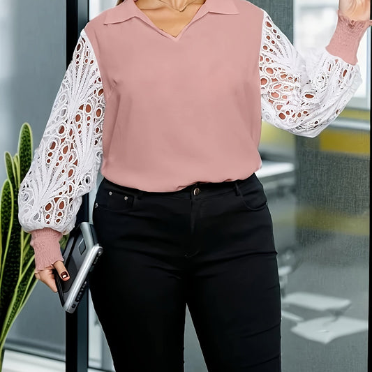 Casual Blouse Women's Plus Colorblock Contrast Lace Lantern Sleeve