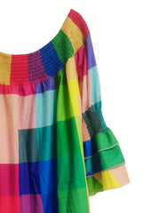  Colorblock Grid Print Shirred Off Shoulder Dress