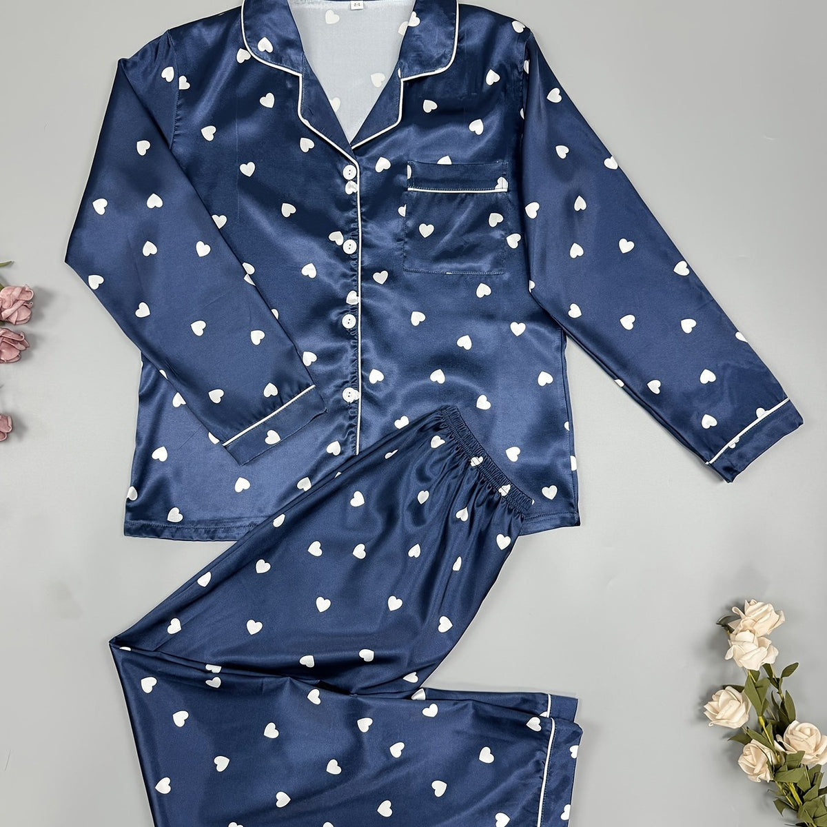 Heart Print Pajama Set Long Sleeve Buttons Top & Elastic Waistband Pants