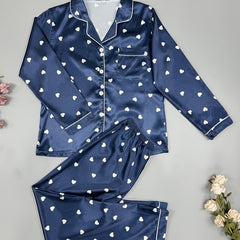 Heart Print Pajama Set Long Sleeve Buttons Top & Elastic Waistband Pants