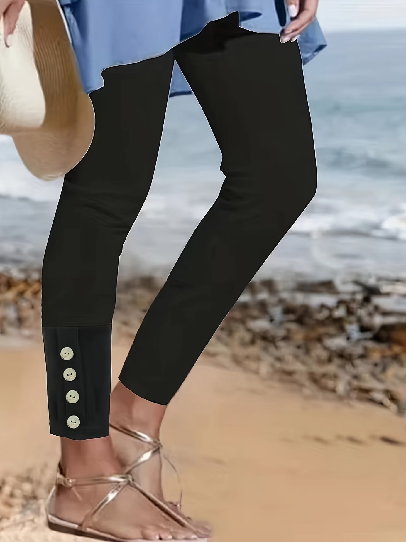  Button Decor High Rise Skinny Trousers