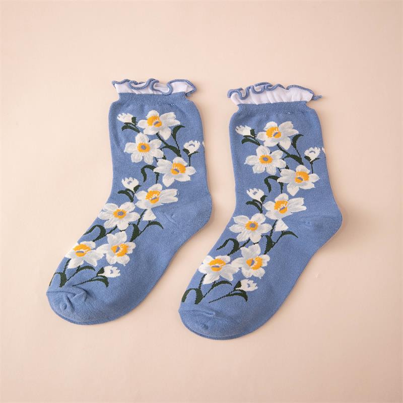 Floral Pattern Cotton Mid Tube Socks with Ruffle Trim