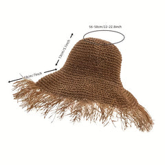 Vintage Raw Brim Sun Hat Solid Crochet Tassel Straw Hat Boho Outdoor Sun Shade