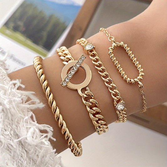 4 Pcs Rhinestone Inlaid O Buckle Chain Bracelet Set