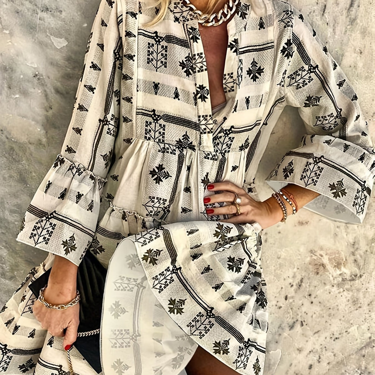  Geometric Print Boho Dress Bell Sleeve Mock Neck Smock Dre