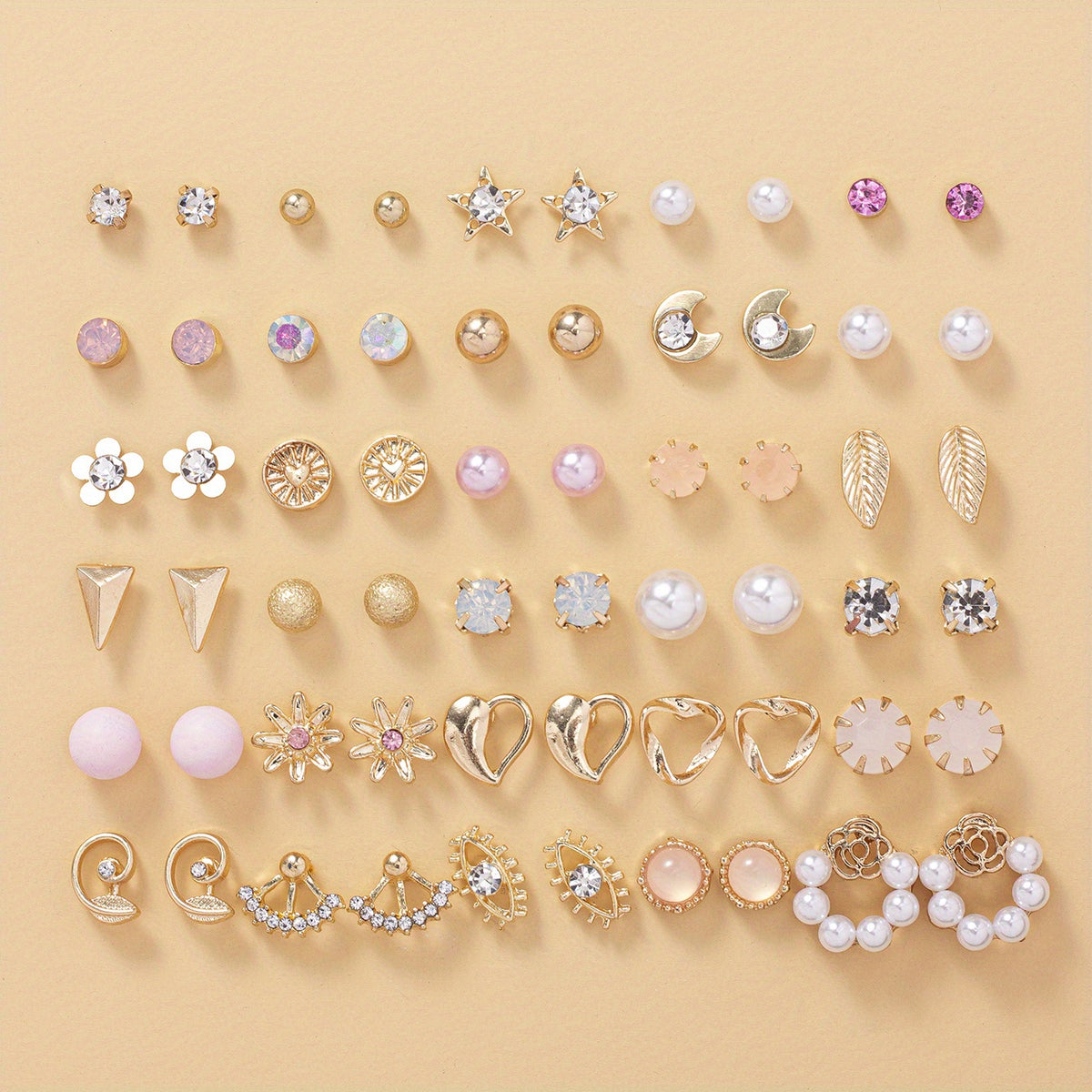 30 Pairs Faux Pearl Leaf Moon Pattern Zircon Earrings Set for Women Girls
