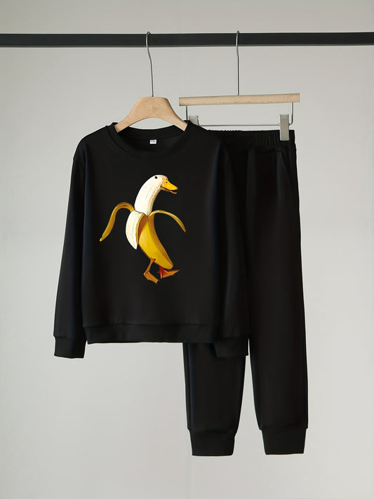 Banana Goose Pattern Boy's 2pcs Sweatshirt & Solid Sweatpants Set
