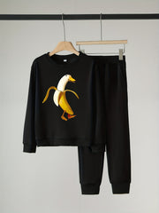Banana Goose Pattern Boy's 2pcs Sweatshirt & Solid Sweatpants Set