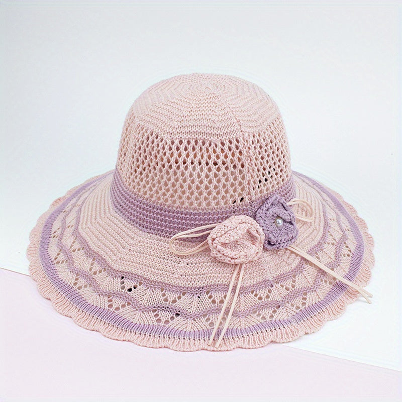 Knitted Bucket Hat Hollow Breathable Sunscreen Beach Hats Wide Brim