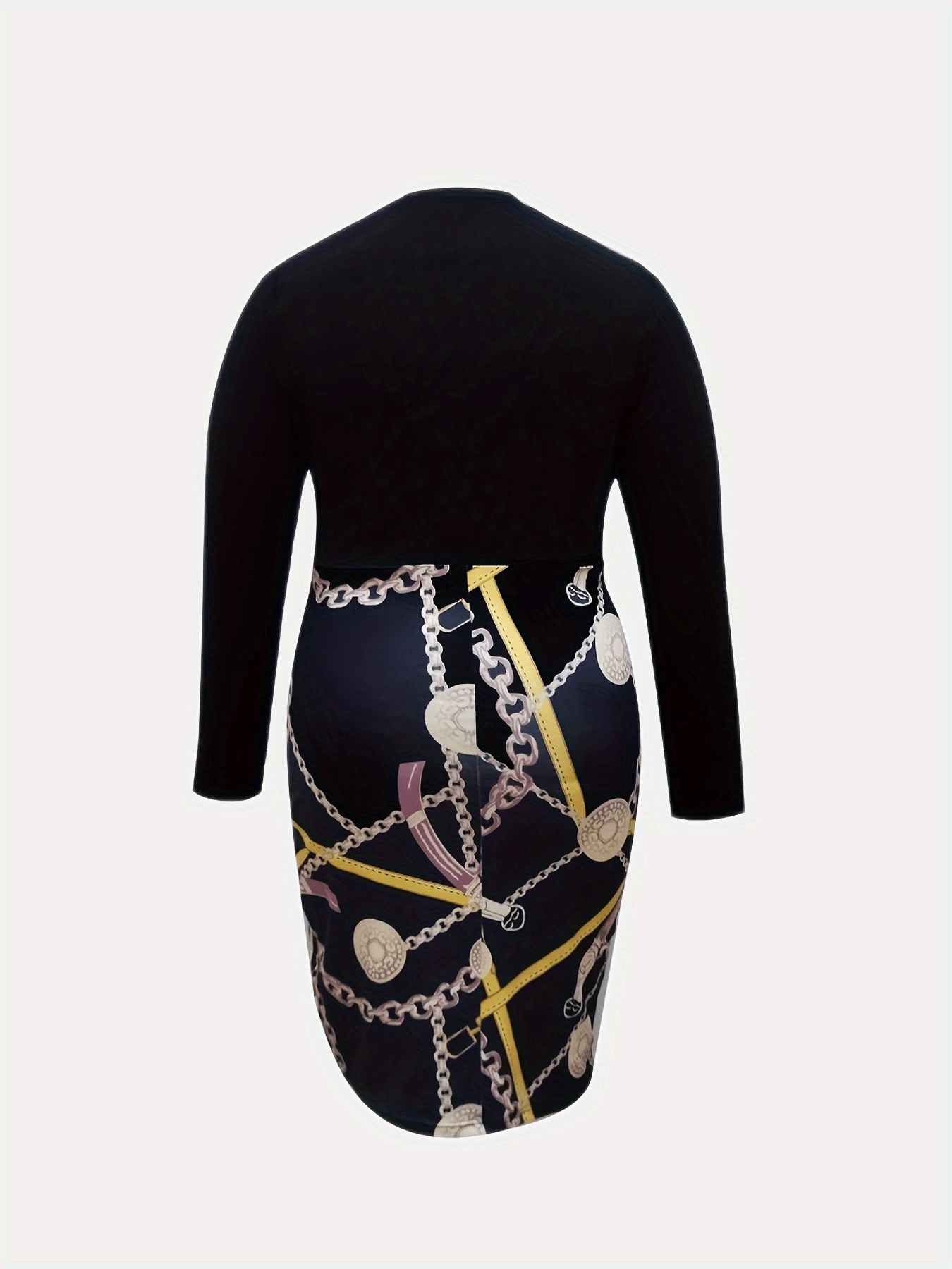Plus Colorblock Chain Print Long Sleeve Round Neck Bodycon Dress