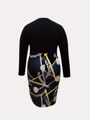 Plus Colorblock Chain Print Long Sleeve Round Neck Bodycon Dress
