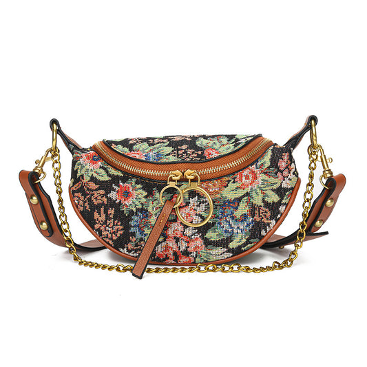 Floral Graphic Waist Bag Vintage Chain Decor Shoulder Bag