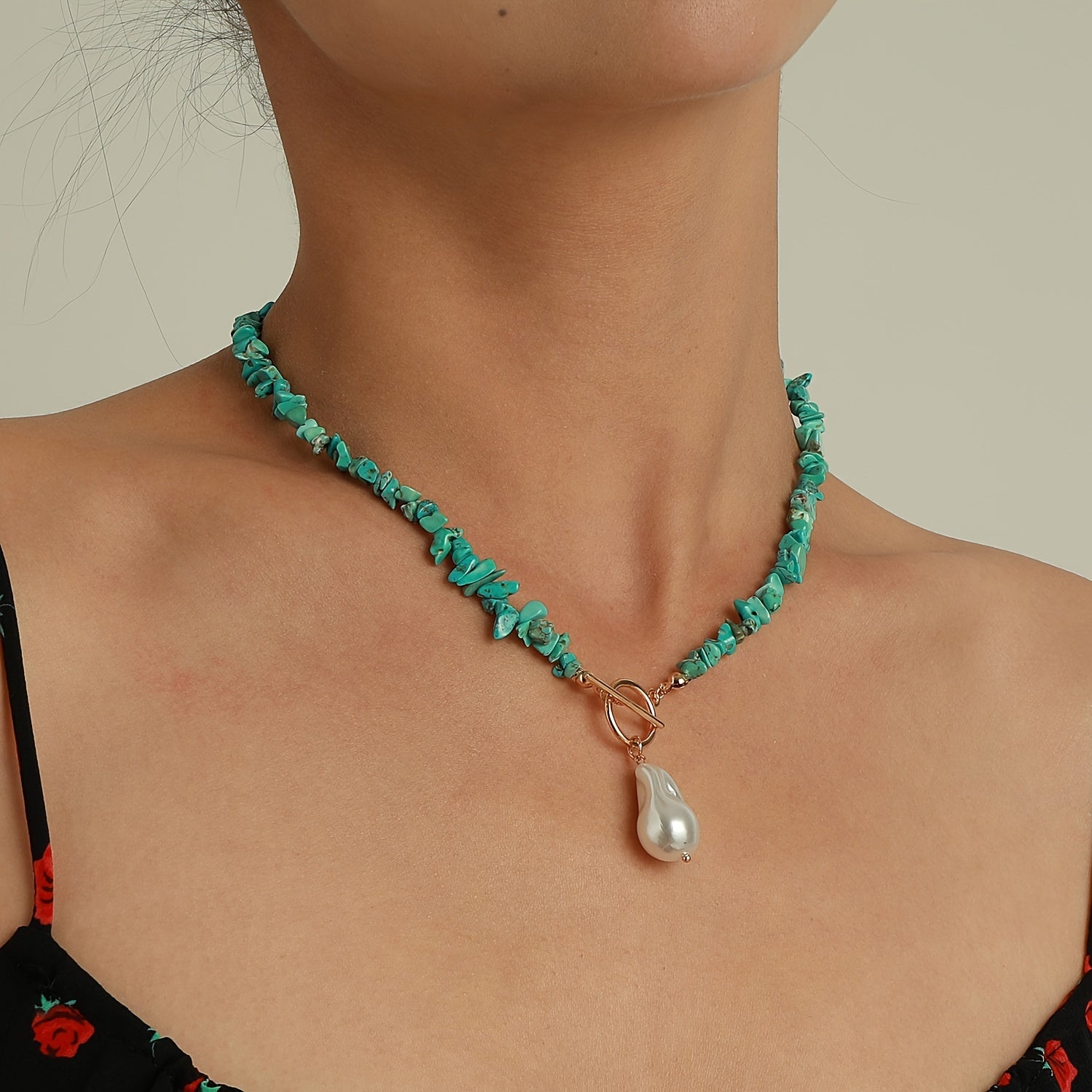 Vintage Pearl Pendant Turquoise Beaded Boho Ethnic Style Necklace