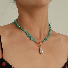 Vintage Pearl Pendant Turquoise Beaded Boho Ethnic Style Necklace