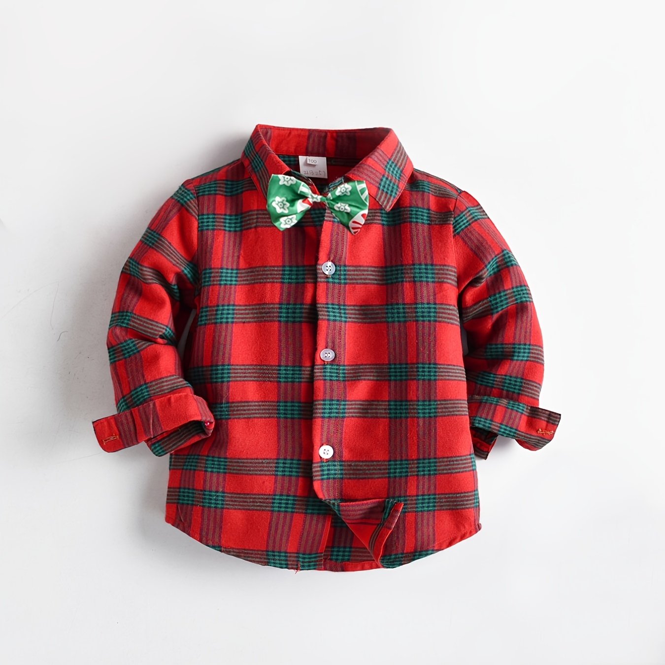 Boys Red Plaid Gentleman Shirt Long Sleeve Lapel Button Bowtie