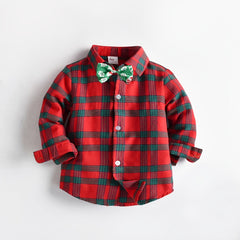 Boys Red Plaid Gentleman Shirt Long Sleeve Lapel Button Bowtie