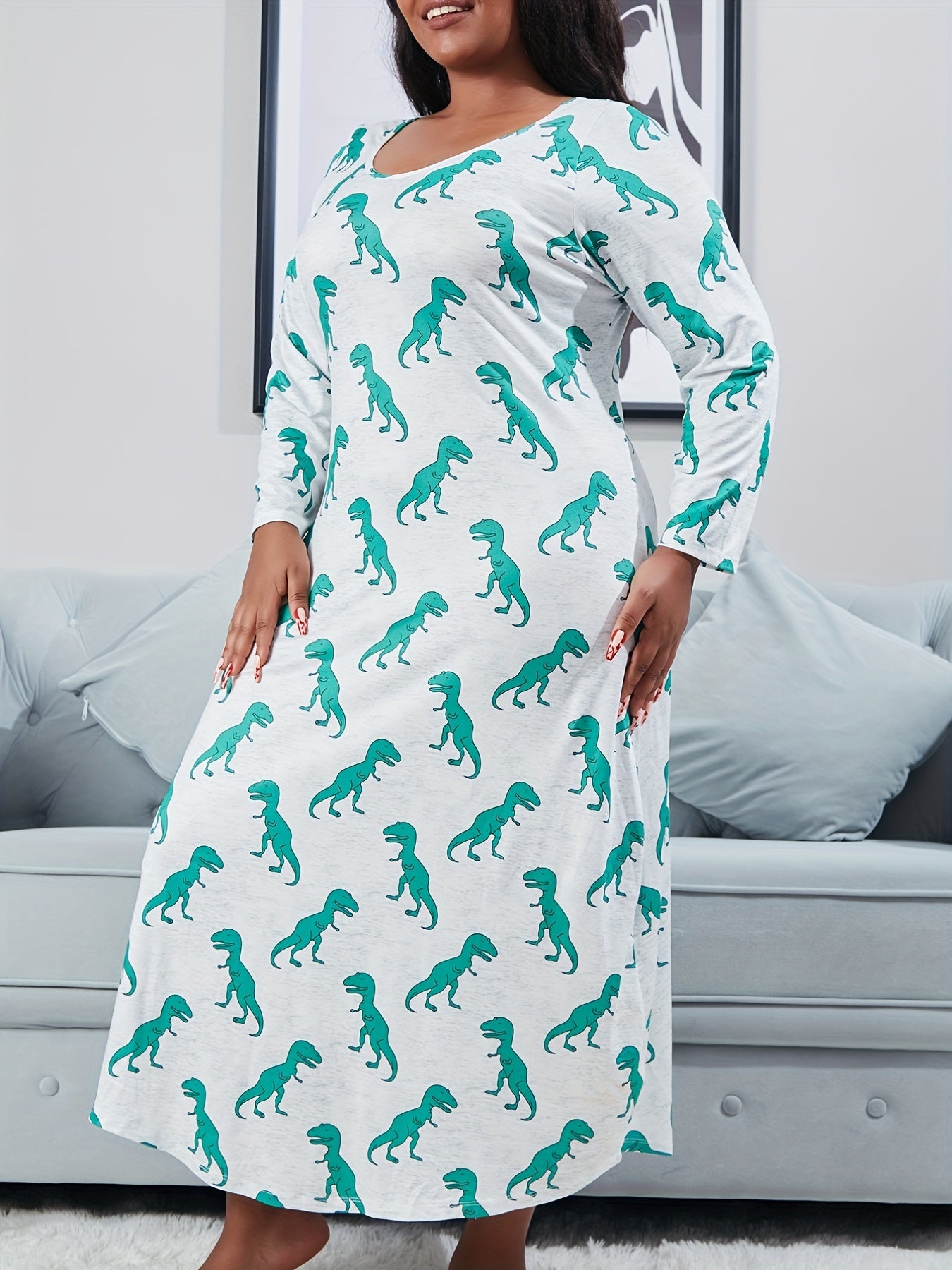  Dinosaur Print Long Sleeve Round Neck Nightdress