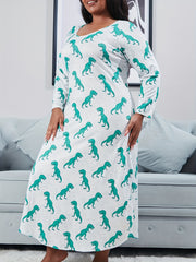  Dinosaur Print Long Sleeve Round Neck Nightdress