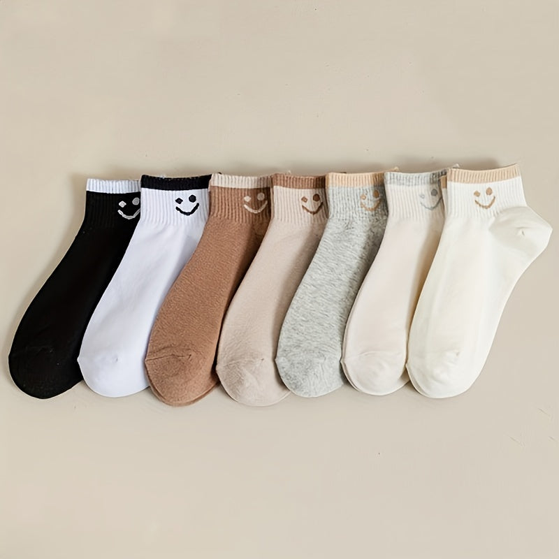 7 Pairs Smiling Print Women's Crew Short Socks Cute and Comfy Stockings Hosiery
