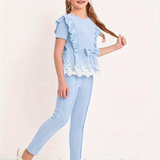 Kid Girls 2pcs Ruffle Trims Bow Short Sleeve T shirt Top Skinny Pants Set