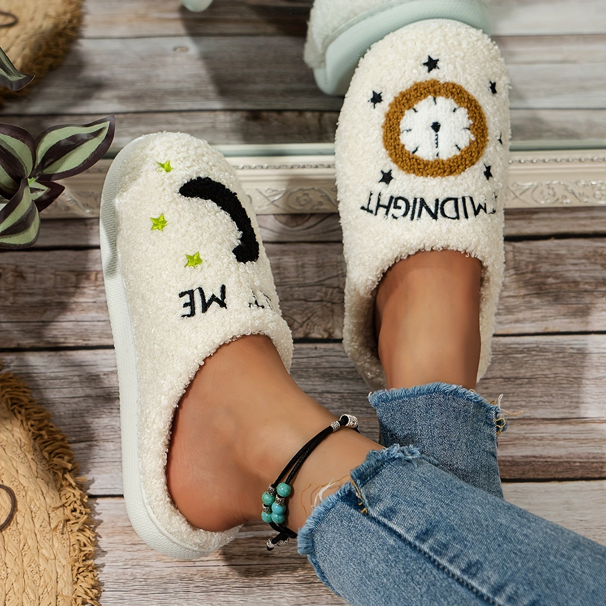 Women's Cozy Fuzzy Slippers Midnight Moon Clock Shoes Plush Slippers