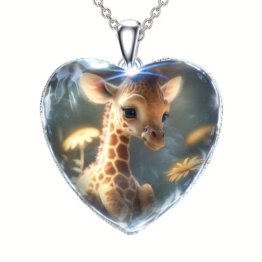 Little Giraffe Animal Heart Pendant Necklace for Girls