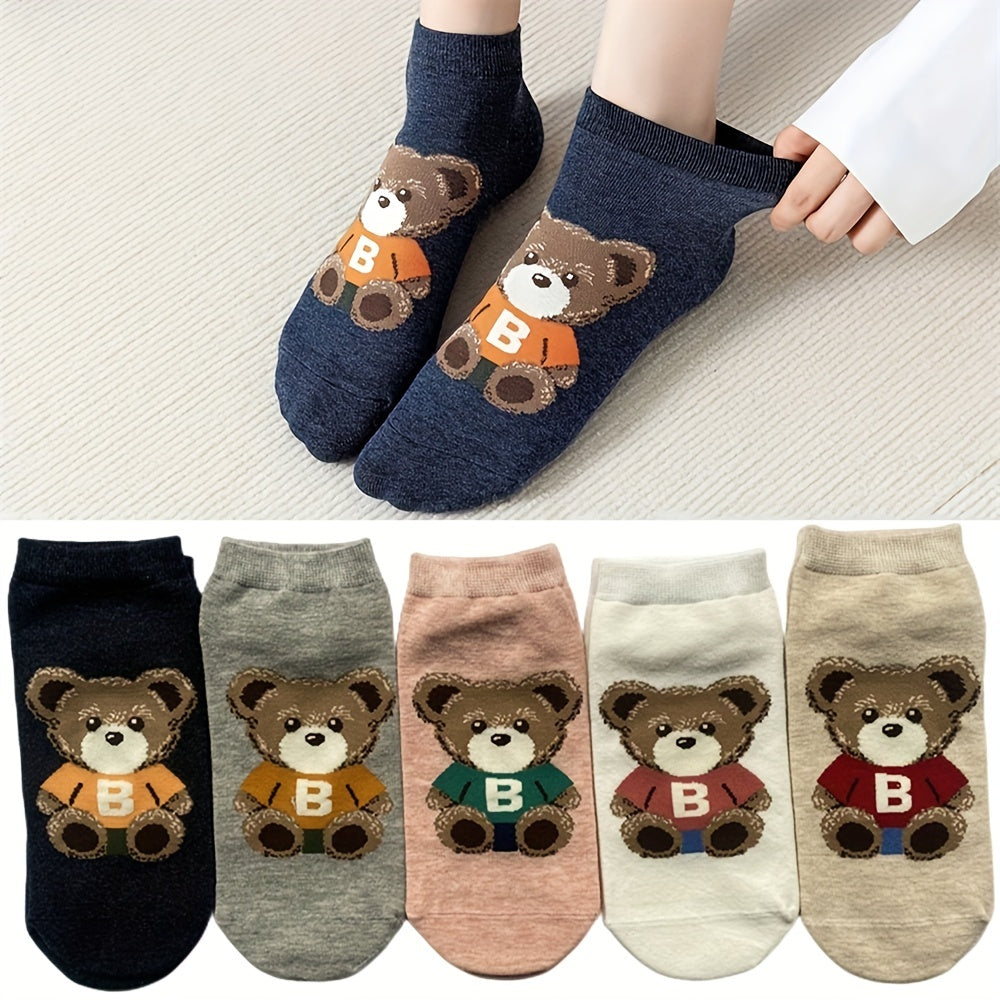 5 Pairs Women's Bear Boat Short Cotton Ankle Socks