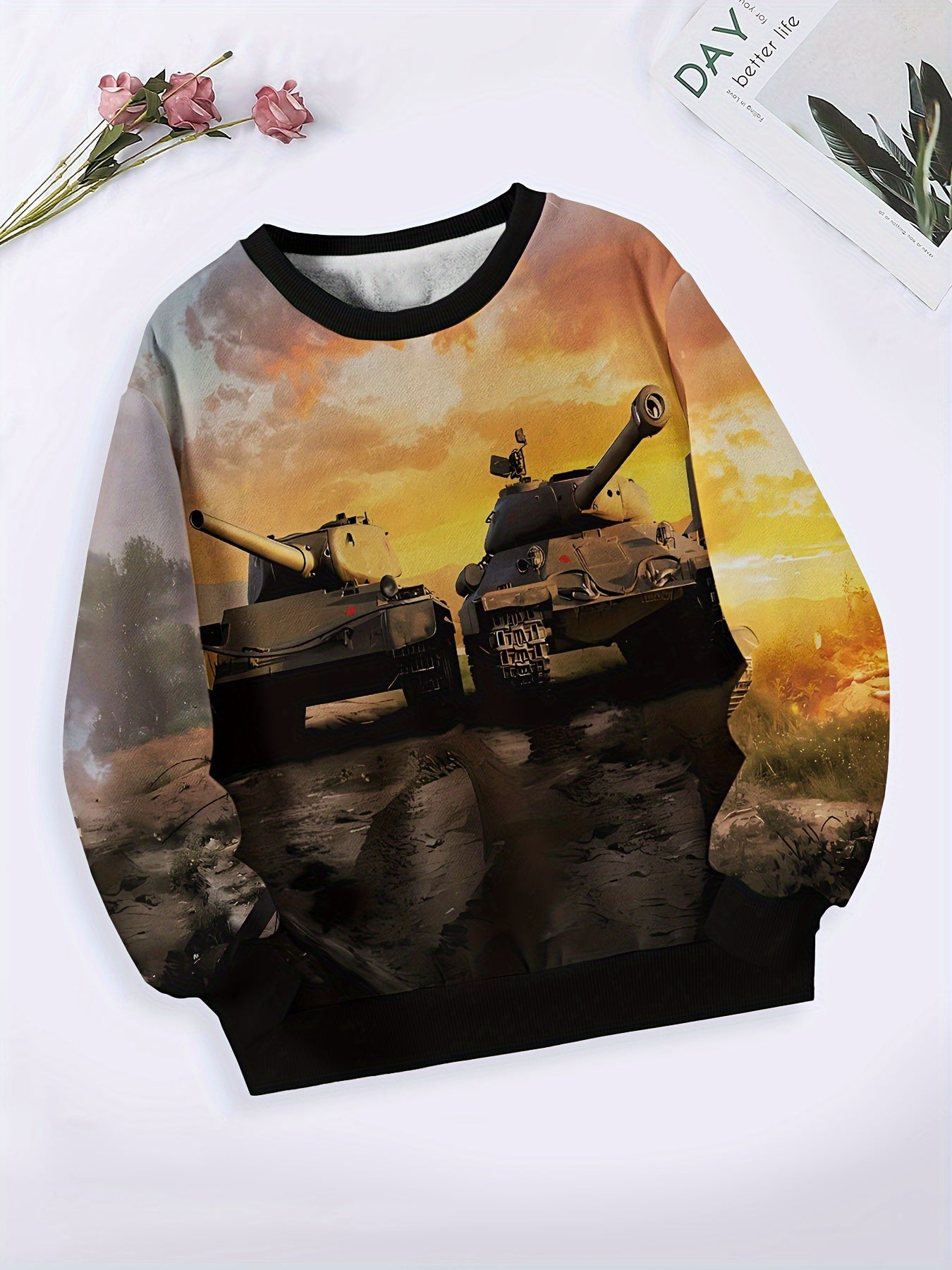 Girls Boys Sunset Tank Pattern Long Sleeve Crew Neck Sweatshirt