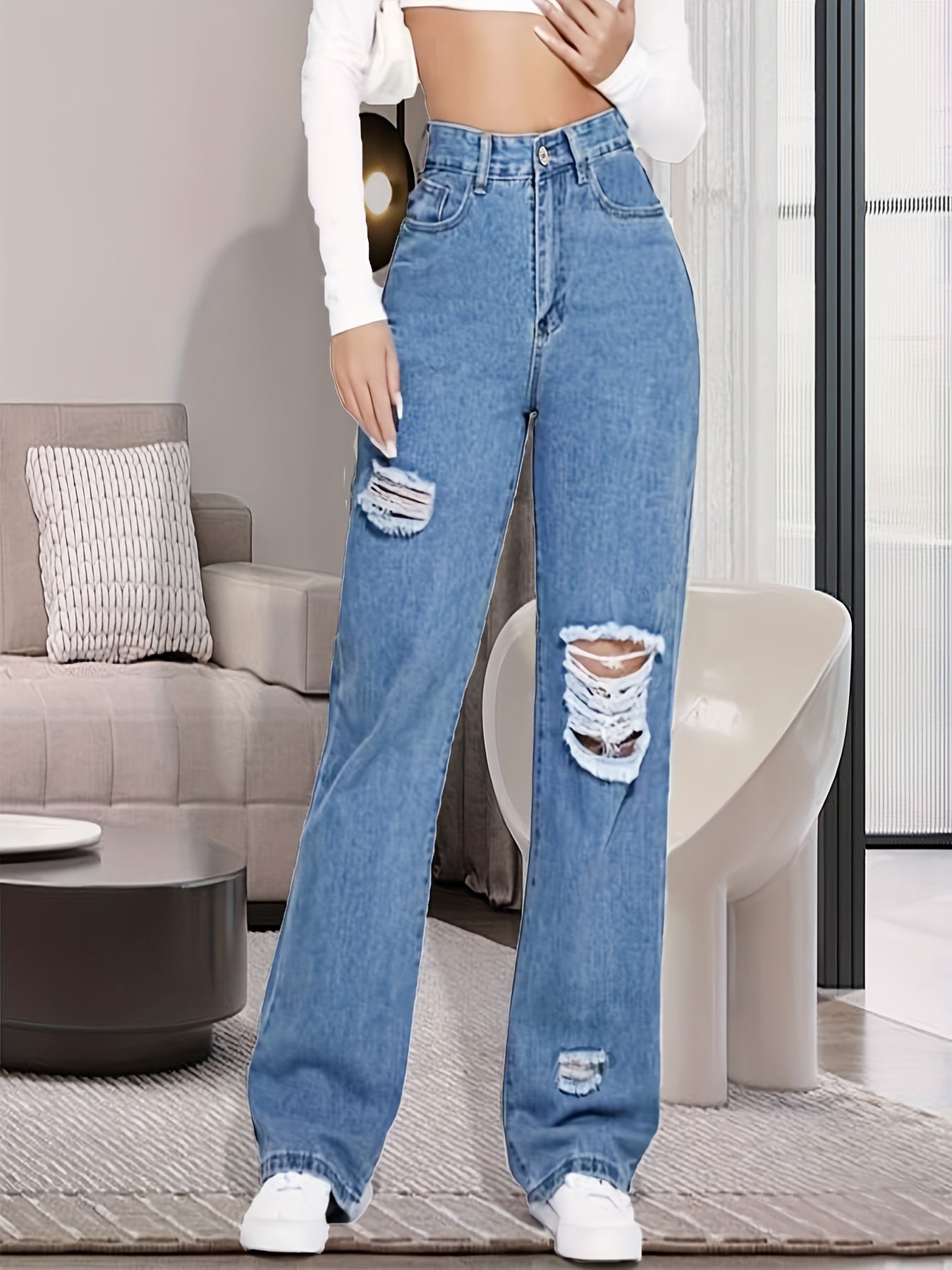 Ripped Distressed Loose Denim Pants Medium Wash Jeans