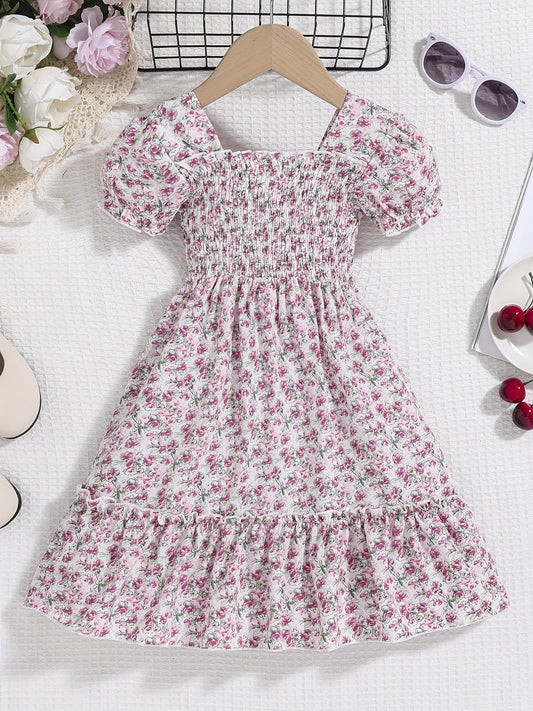 Girls Boho Floral Shirred Casual Dress Comfy Square Neck Kids Summer Dress