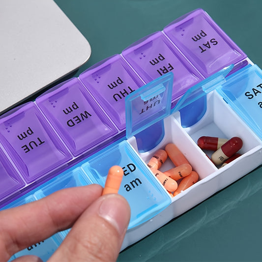 7 AM PM Pill Organizer 14 Compartments Braille Portable Weekly Medicine Box