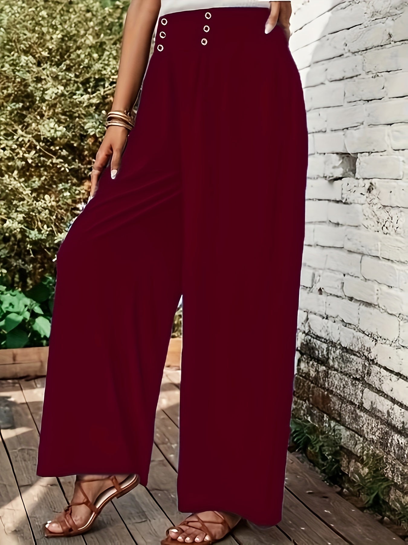 Women's Plus Solid Elastic Waist Button Wide Leg Pants
