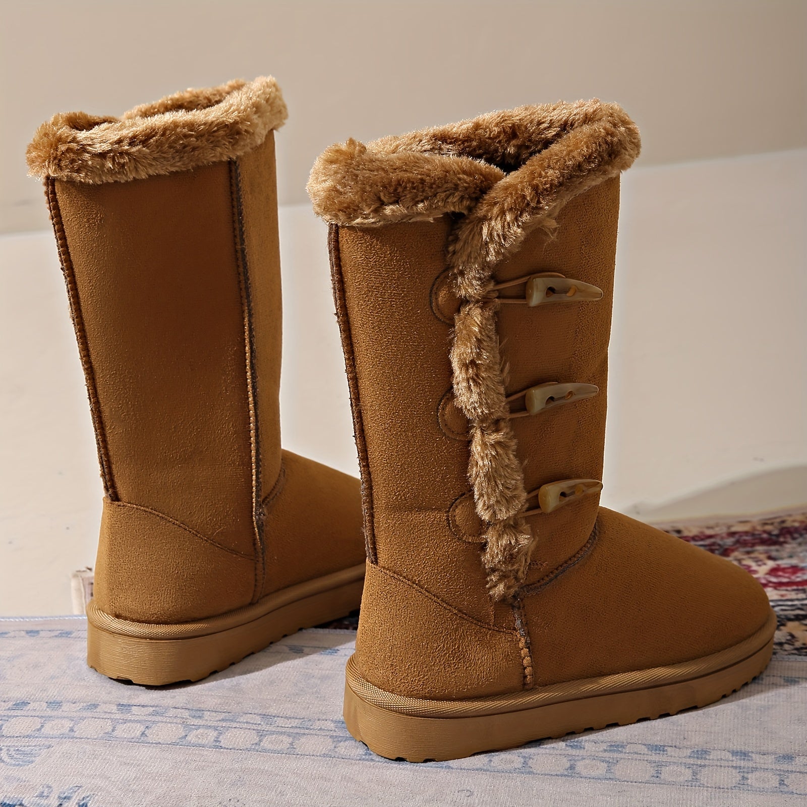 Women's Solid Horn Buckle Casual Snow Boots Soft Comfortable Medium Top Snow Sho