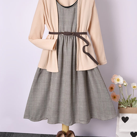 Girls Houndstooth Vest Dress & Apricot Ribbed Jacket Set