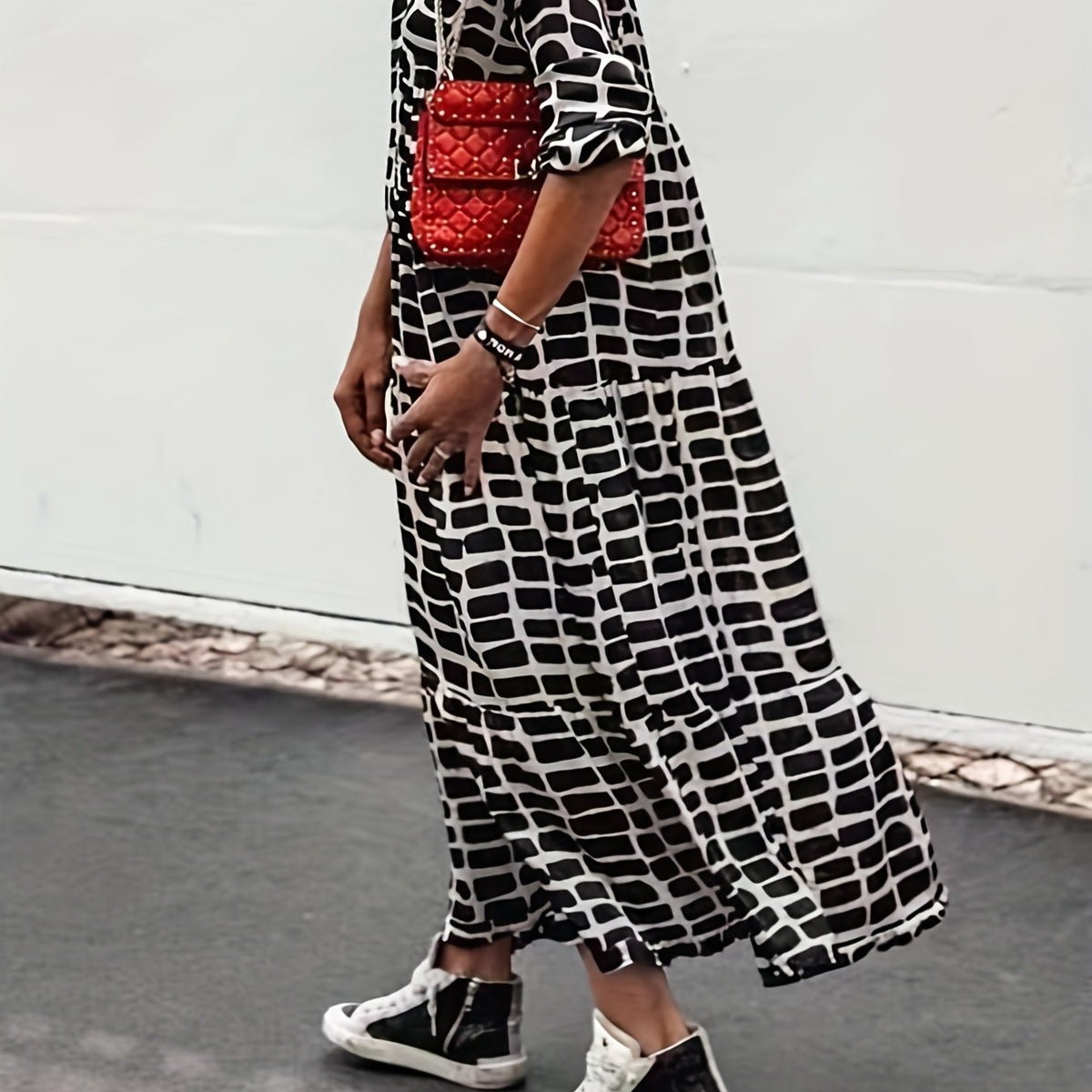  Colorblock Geometric Print Maxi Dress