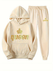  Letter & Crown Print Hoodie & Joggers Set