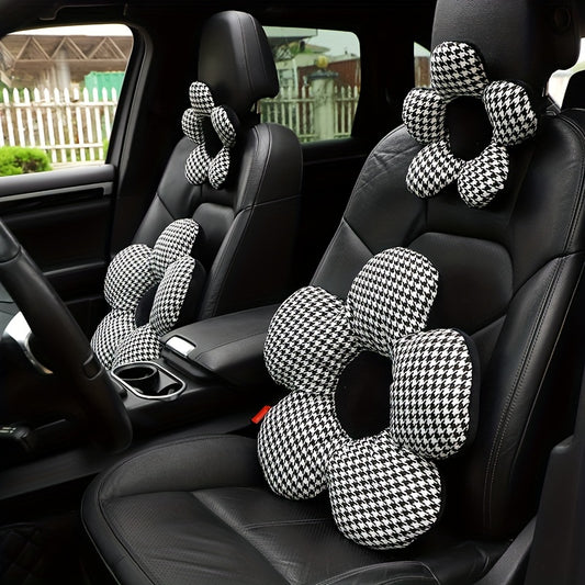 Stylish Houndstooth Flower Headrest Cushion & Waist Pad Car Accessory