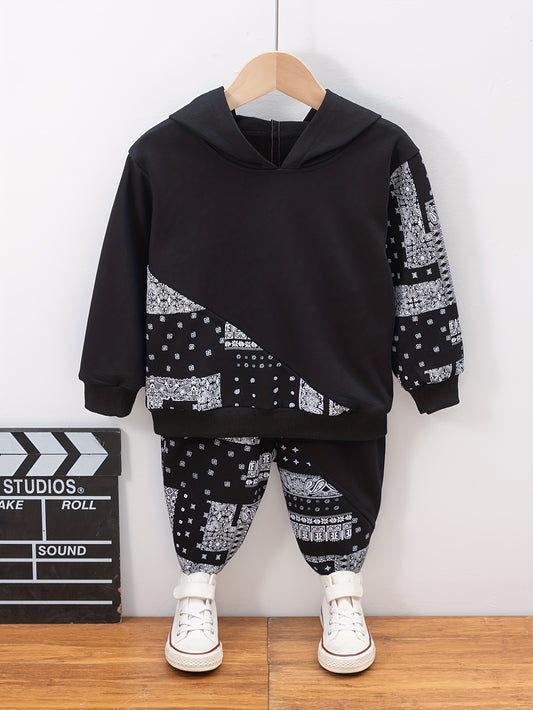 Boy's Paisley Pattern 2pcs Hoodie & Sweatpants Set for Spring Fall