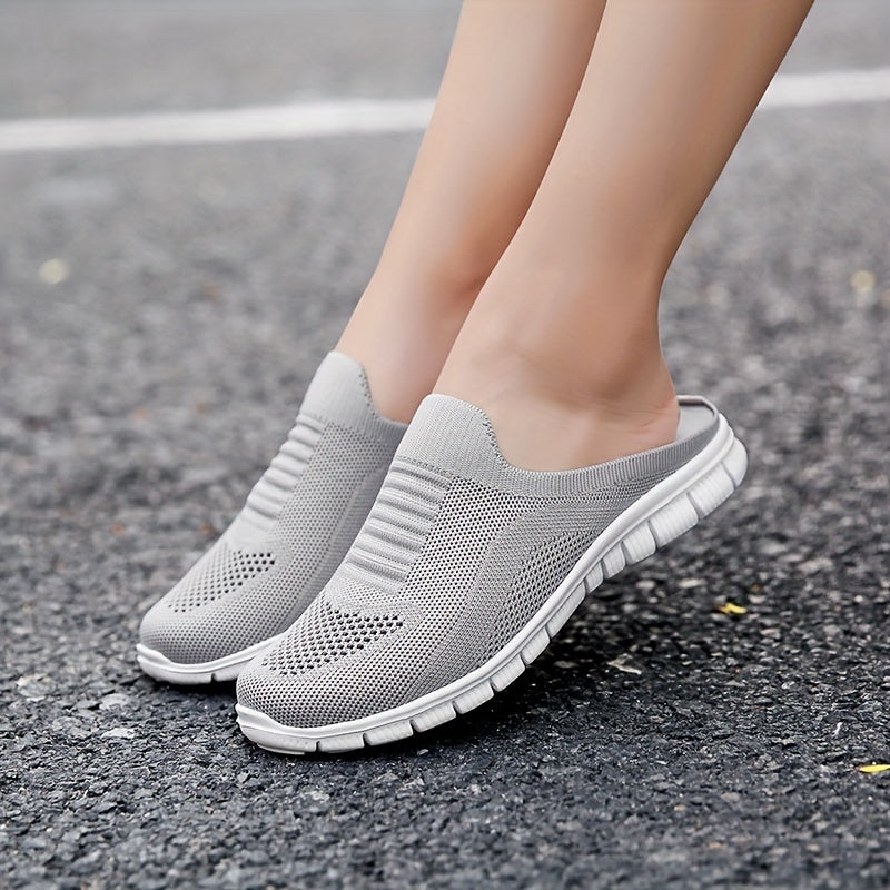 Women's Knit Flat Mules Comfy Solid Closed Toe Non Slip Slides Shoes