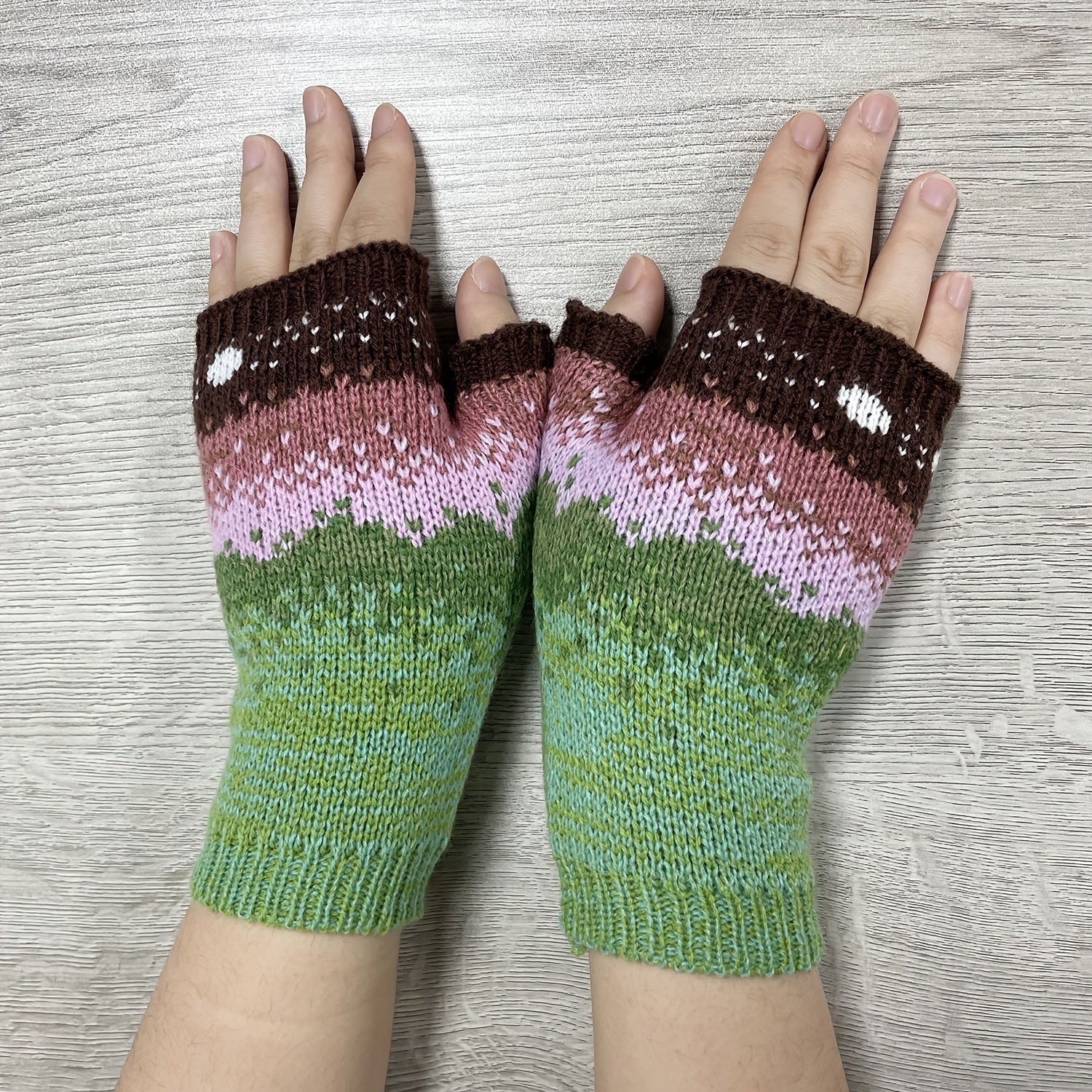 Gradient Knit Gloves Moon Jacquard Half Finger Warm Gloves For Women