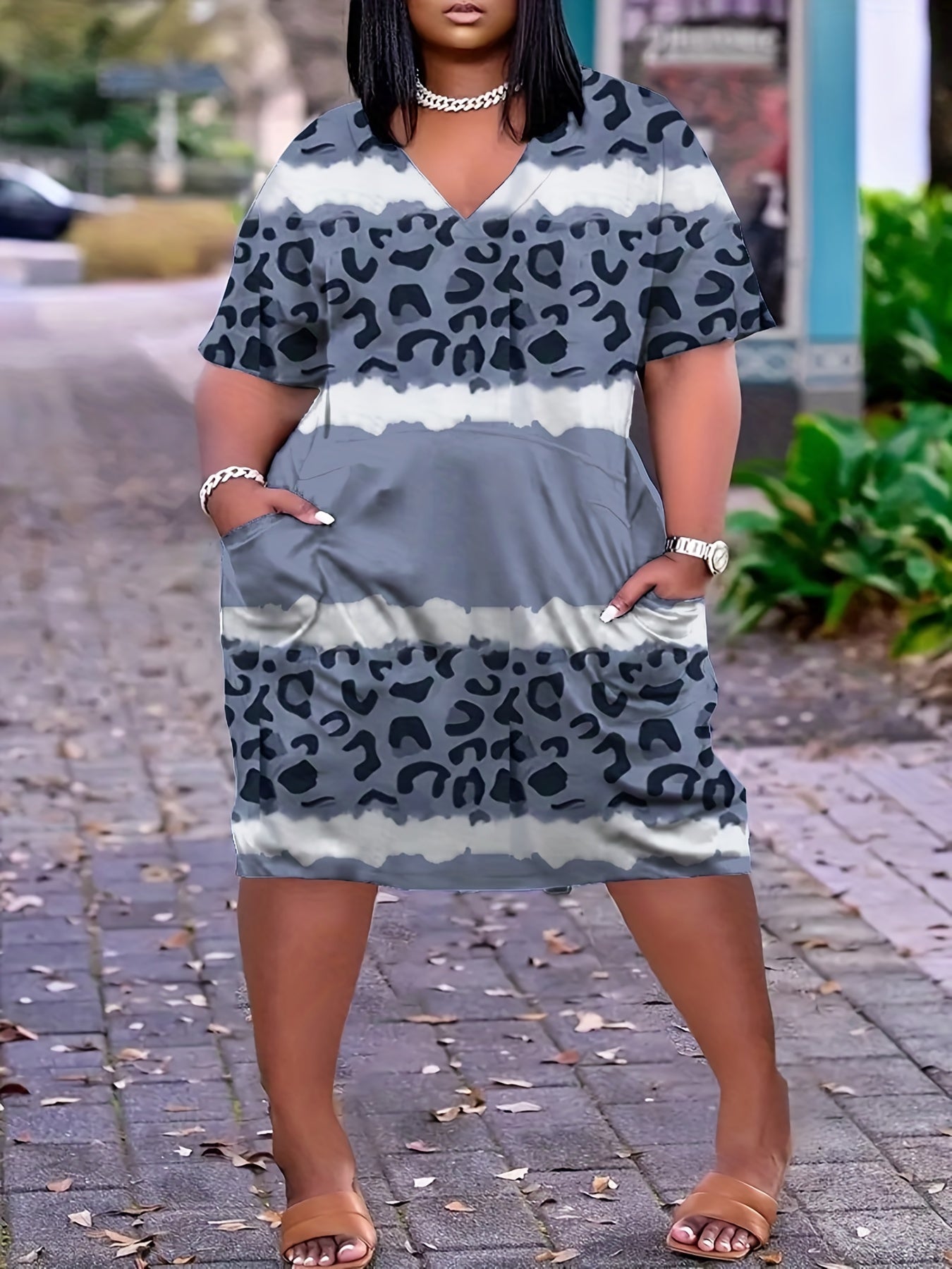  Colorblock Stripe & Leopard Print V Neck Midi Dress