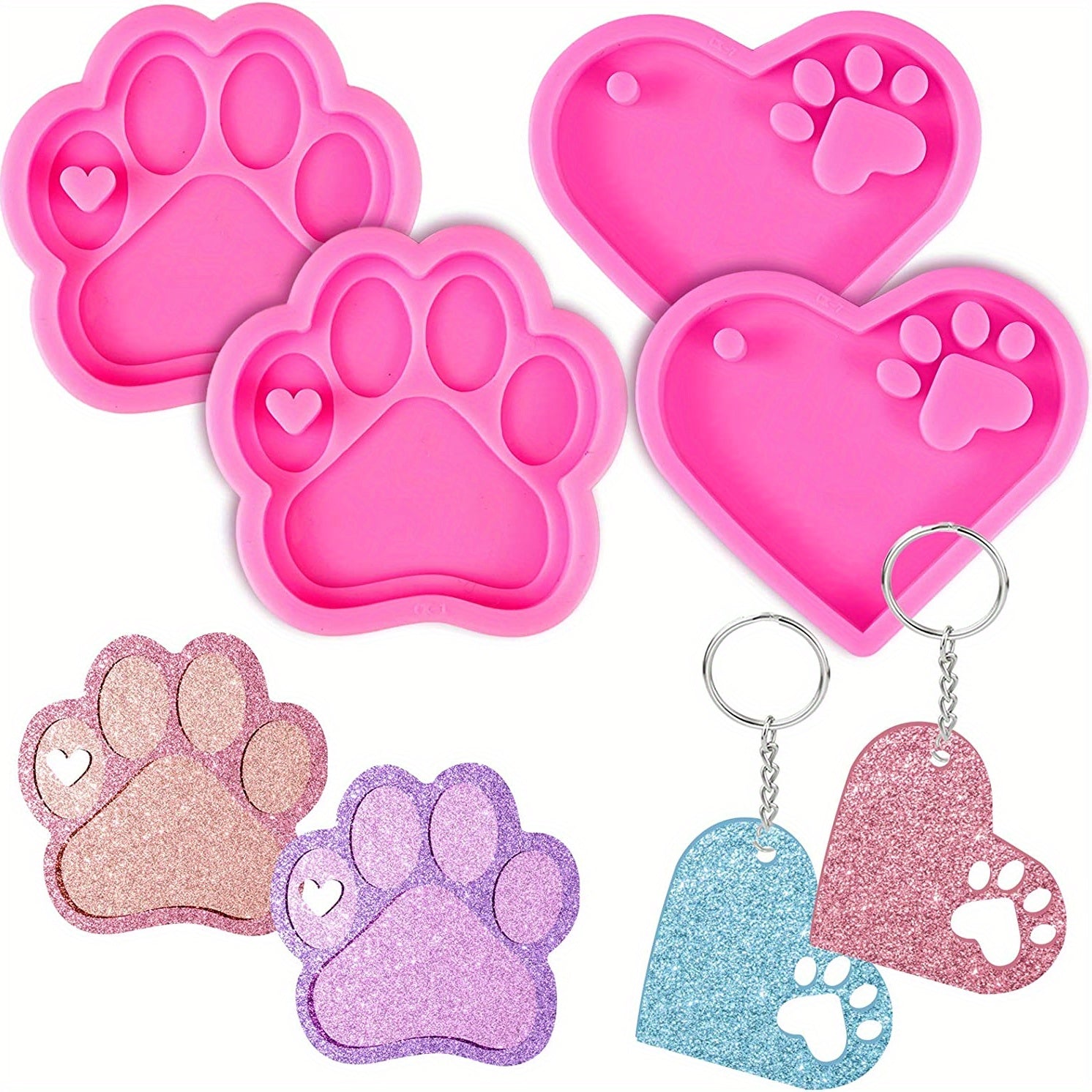 4pcs Dog Paw Heart Silicone Keychain Resin Molds with 10Pcs Keyrings
