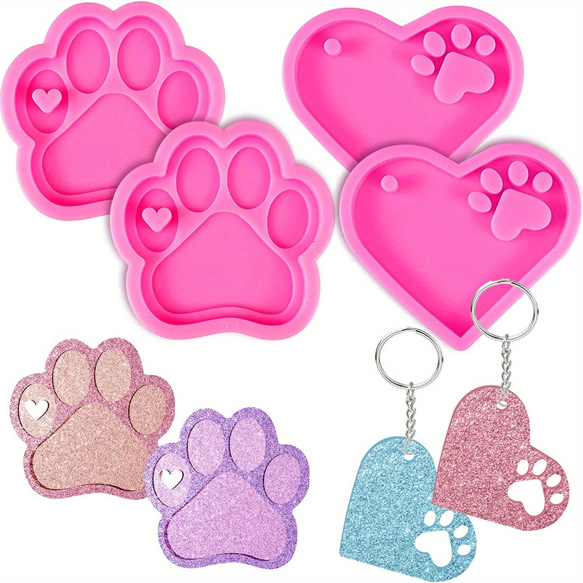 4pcs Dog Paw Heart Silicone Keychain Resin Molds with 10Pcs Keyrings