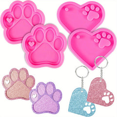 4pcs Dog Paw Heart Silicone Keychain Resin Molds with 10Pcs Keyrings